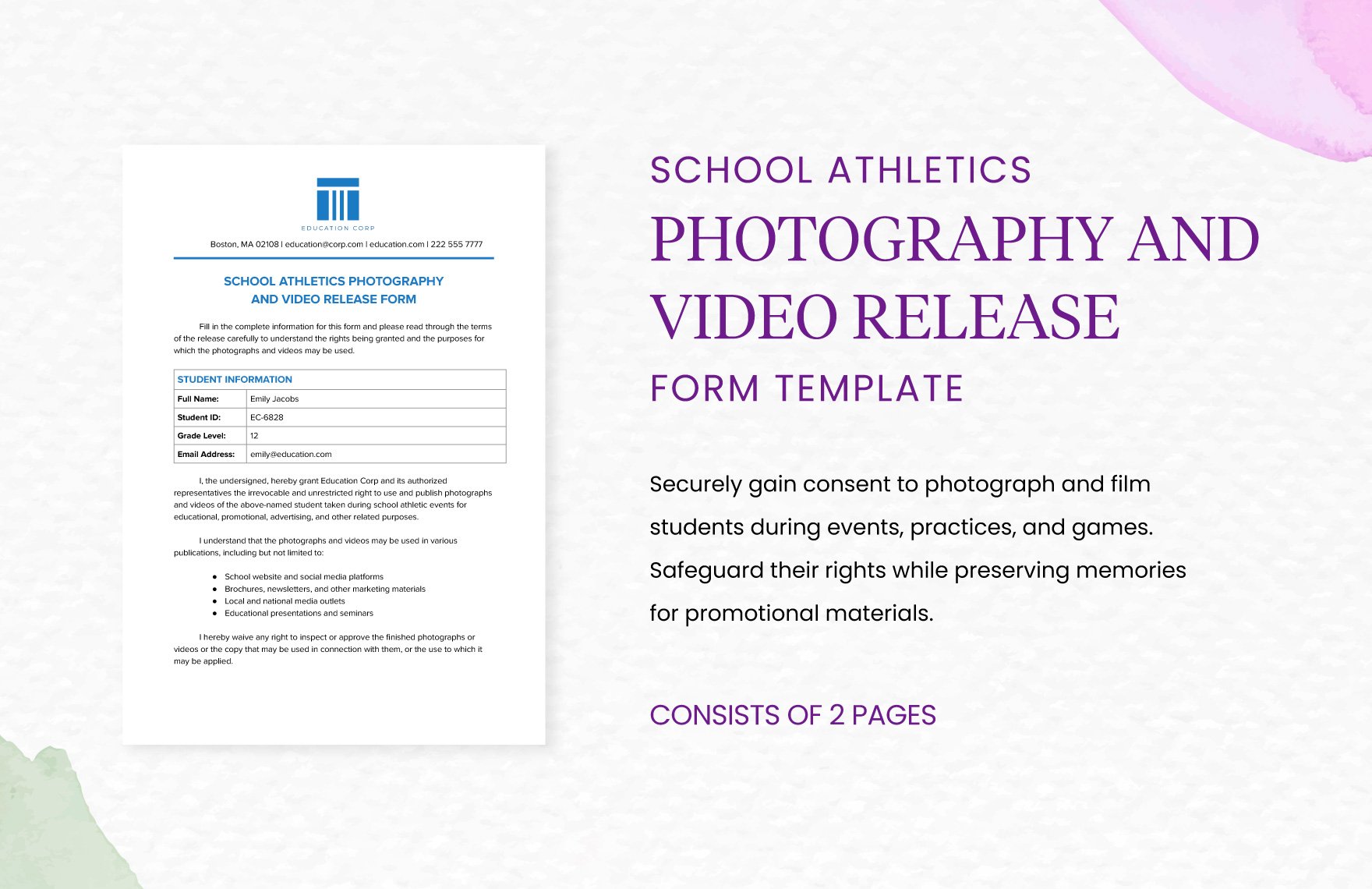 School Athletics Photography and Video Release Form Template