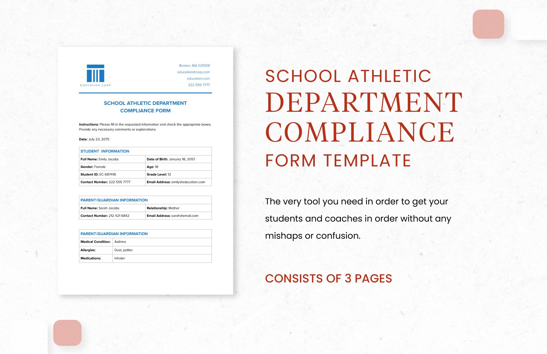 School Athletic Department Compliance Form Template in Word, Google Docs, PDF