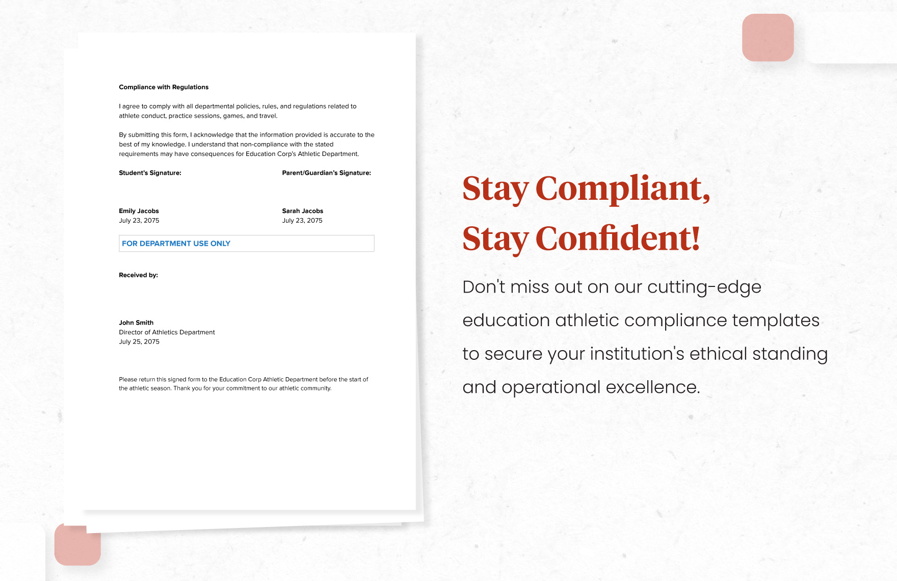 School Athletic Department Compliance Form Template