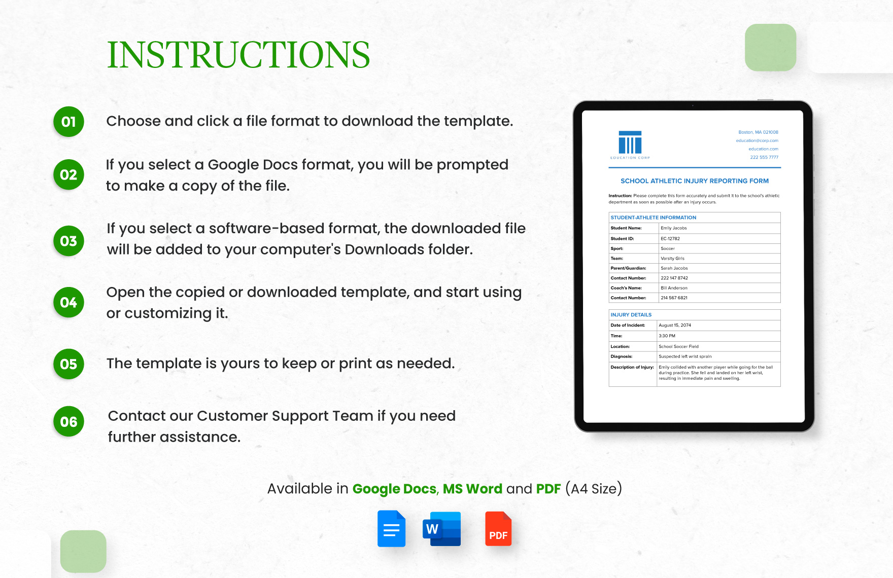 School Athletic Injury Reporting Form Template