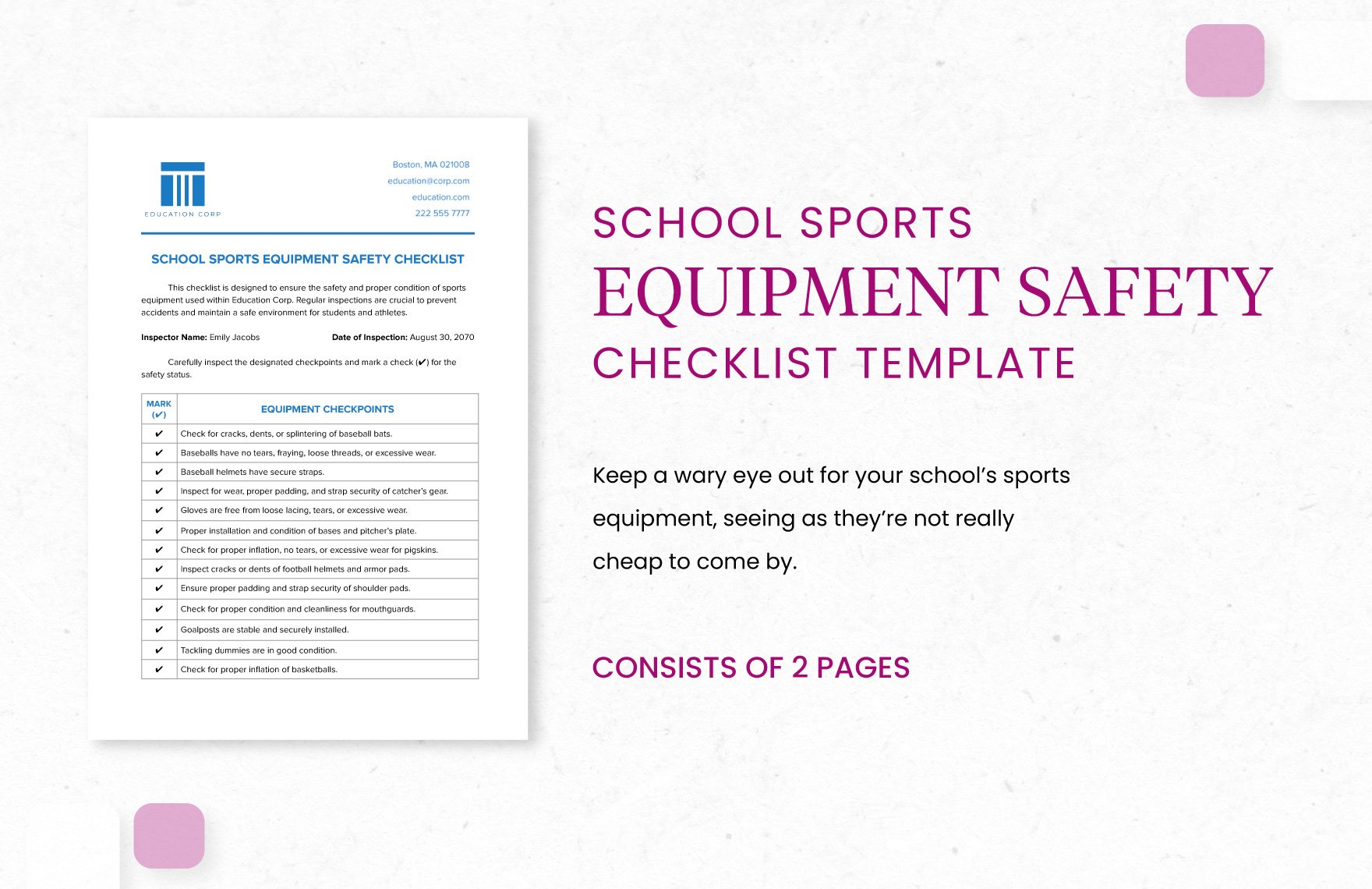School Sports Equipment Safety Checklist Template in Word, Google Docs, PDF