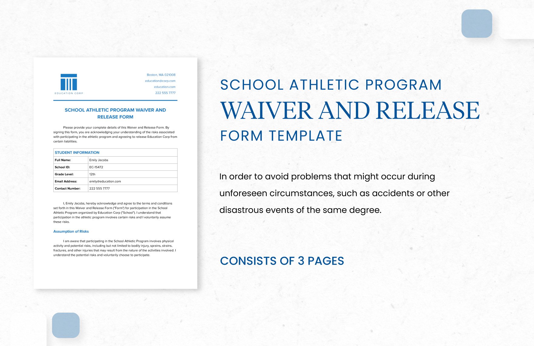 School Athletic Program Waiver and Release Form Template