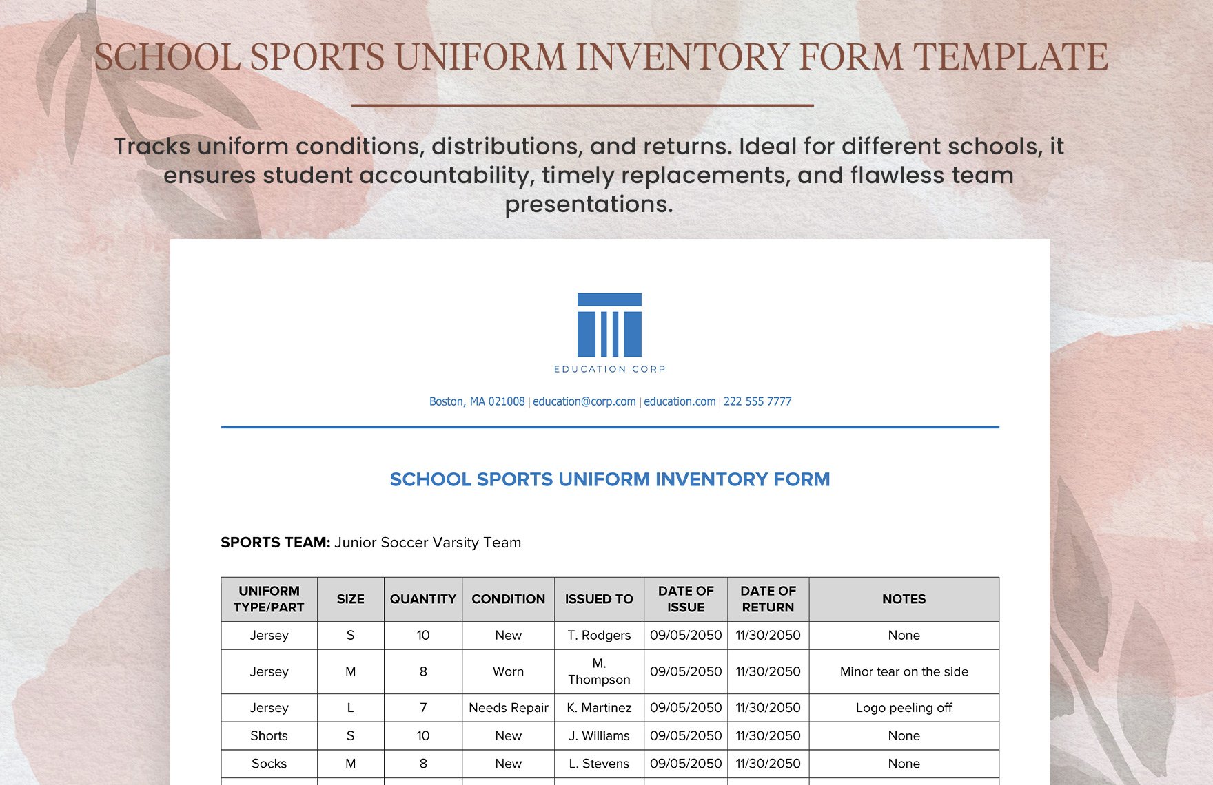 School Sports Uniform Inventory Form Template