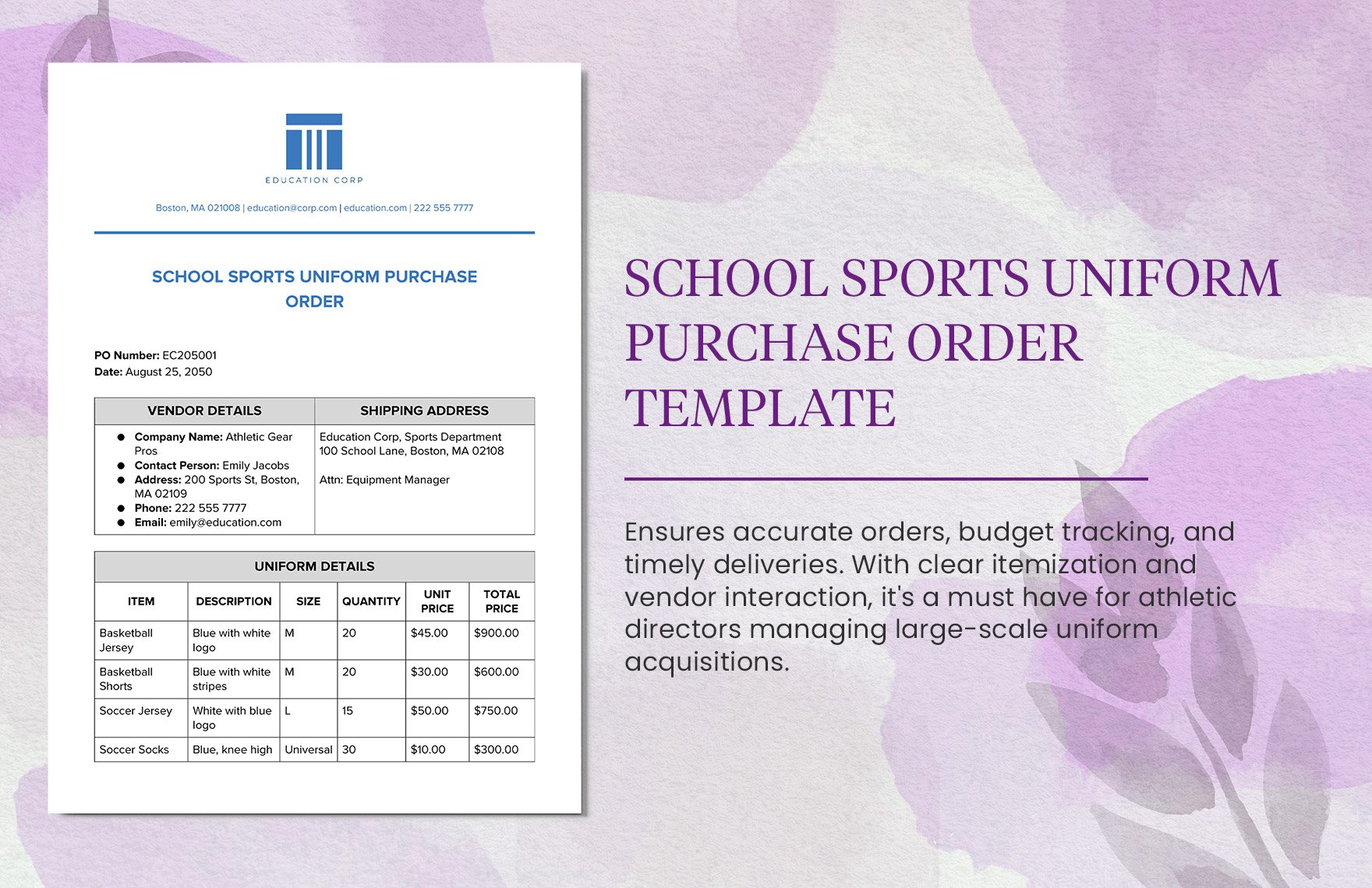 School Sports Uniform Purchase Order Template