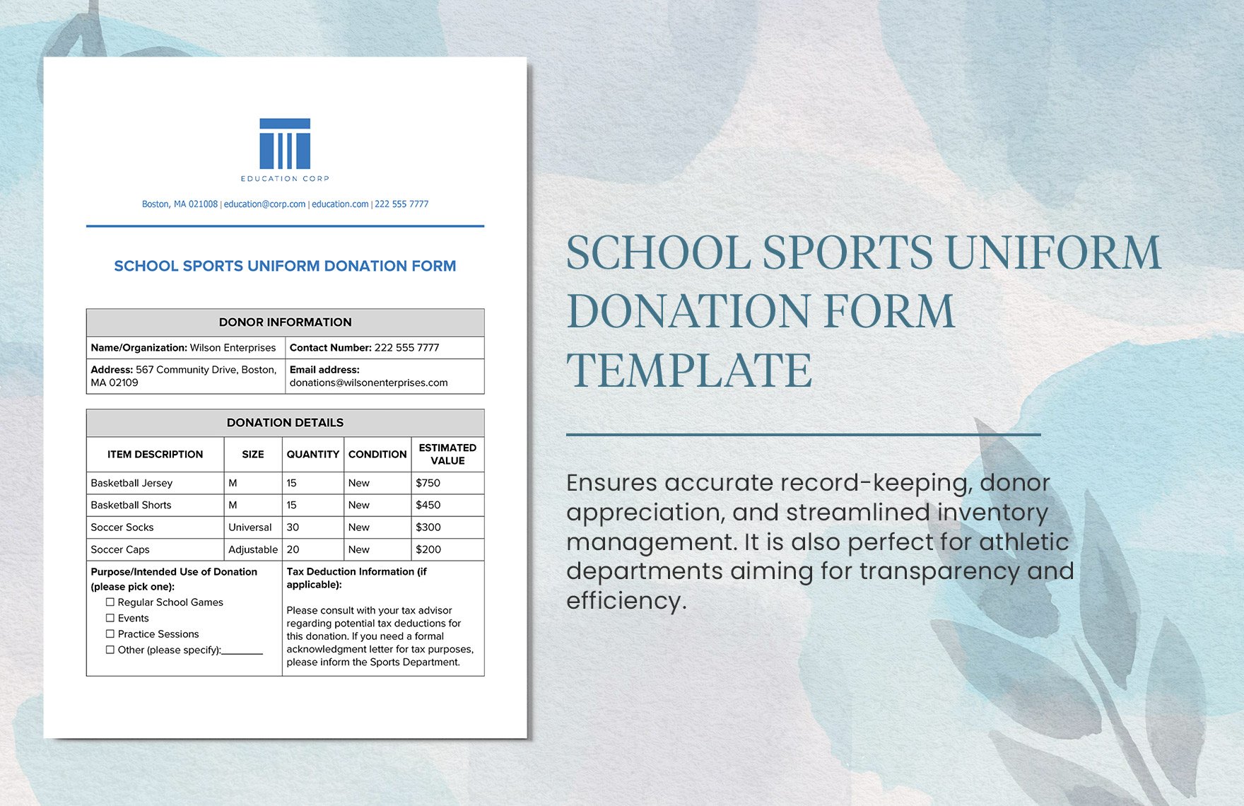 School Sports Uniform Donation Form Template