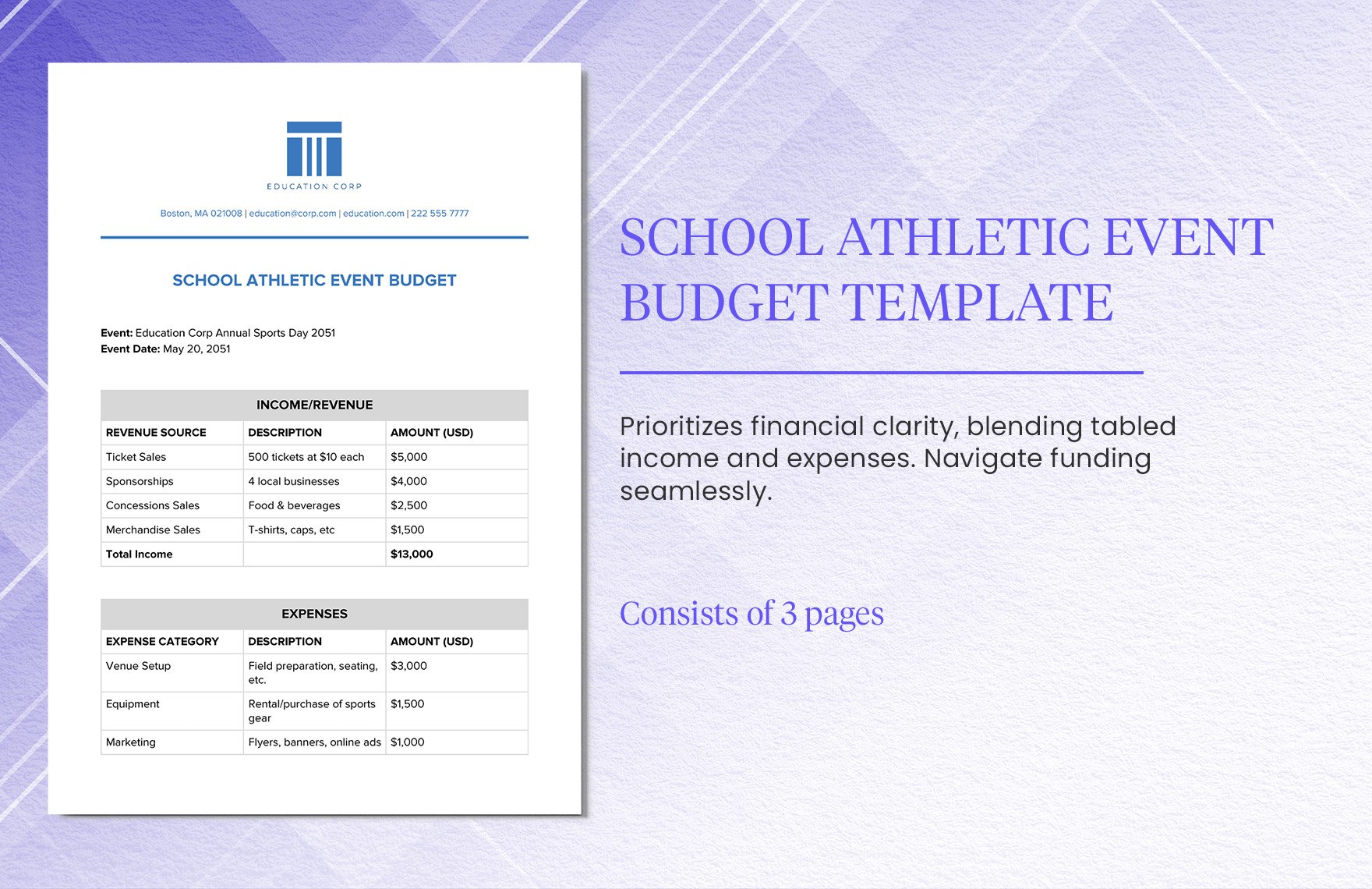 School Athletic Event Budget Template in Word, Google Docs, PDF