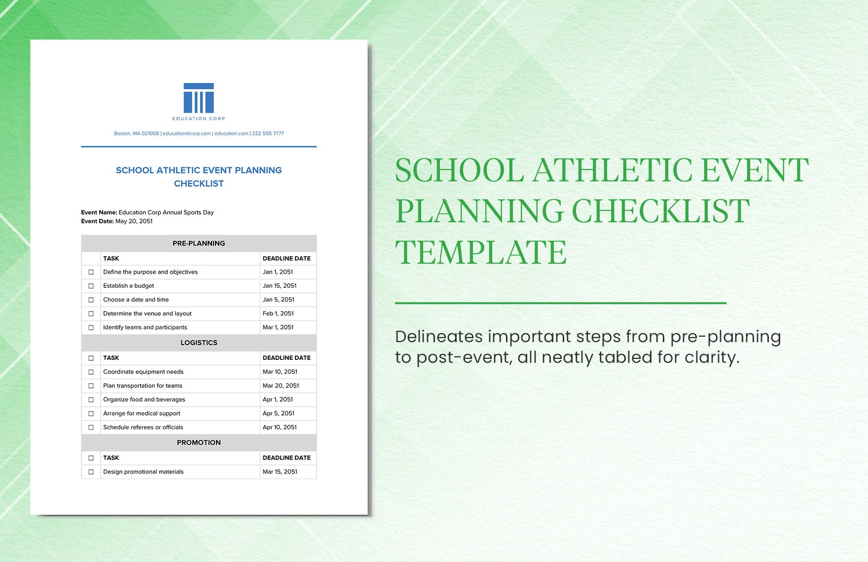 School Athletic Event Planning Checklist Template