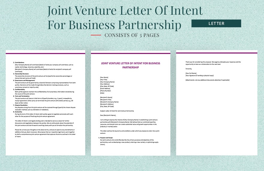Free Joint Venture Letter Of Intent For Business Partnership