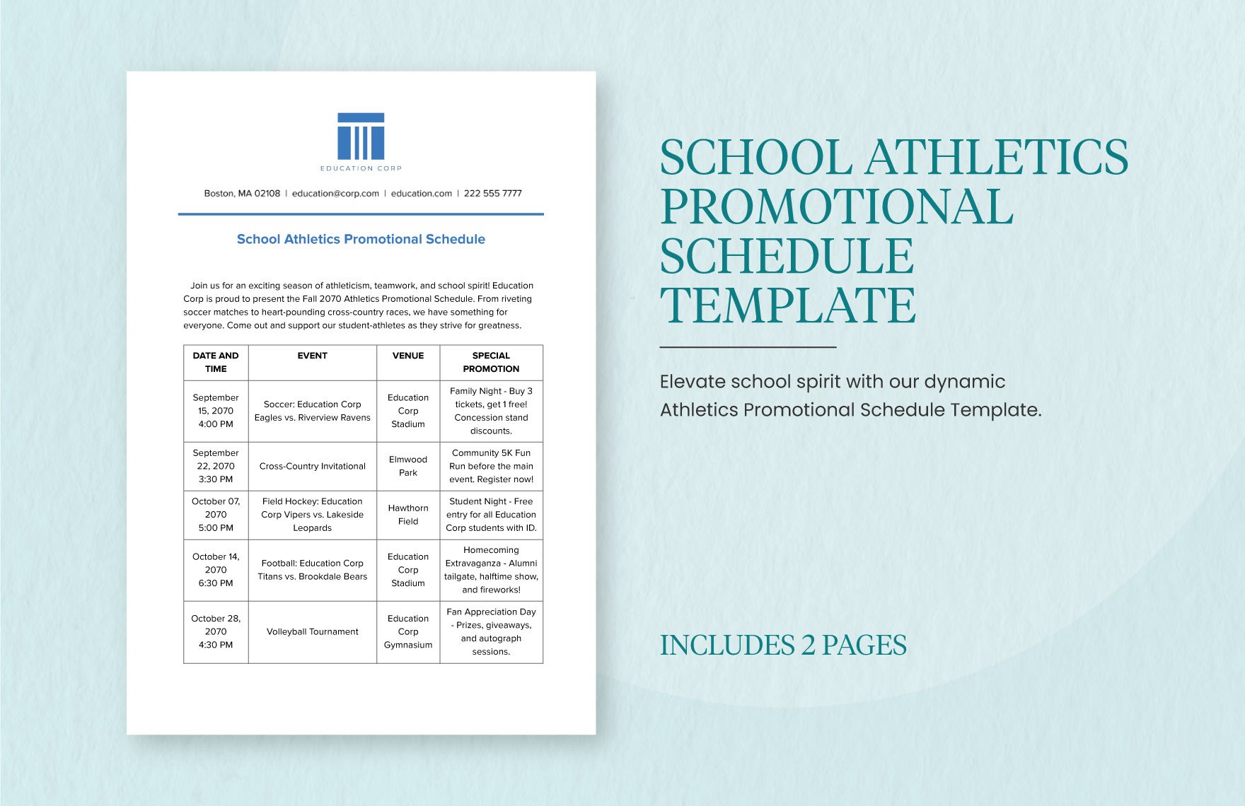 School Athletics Promotional Schedule Template