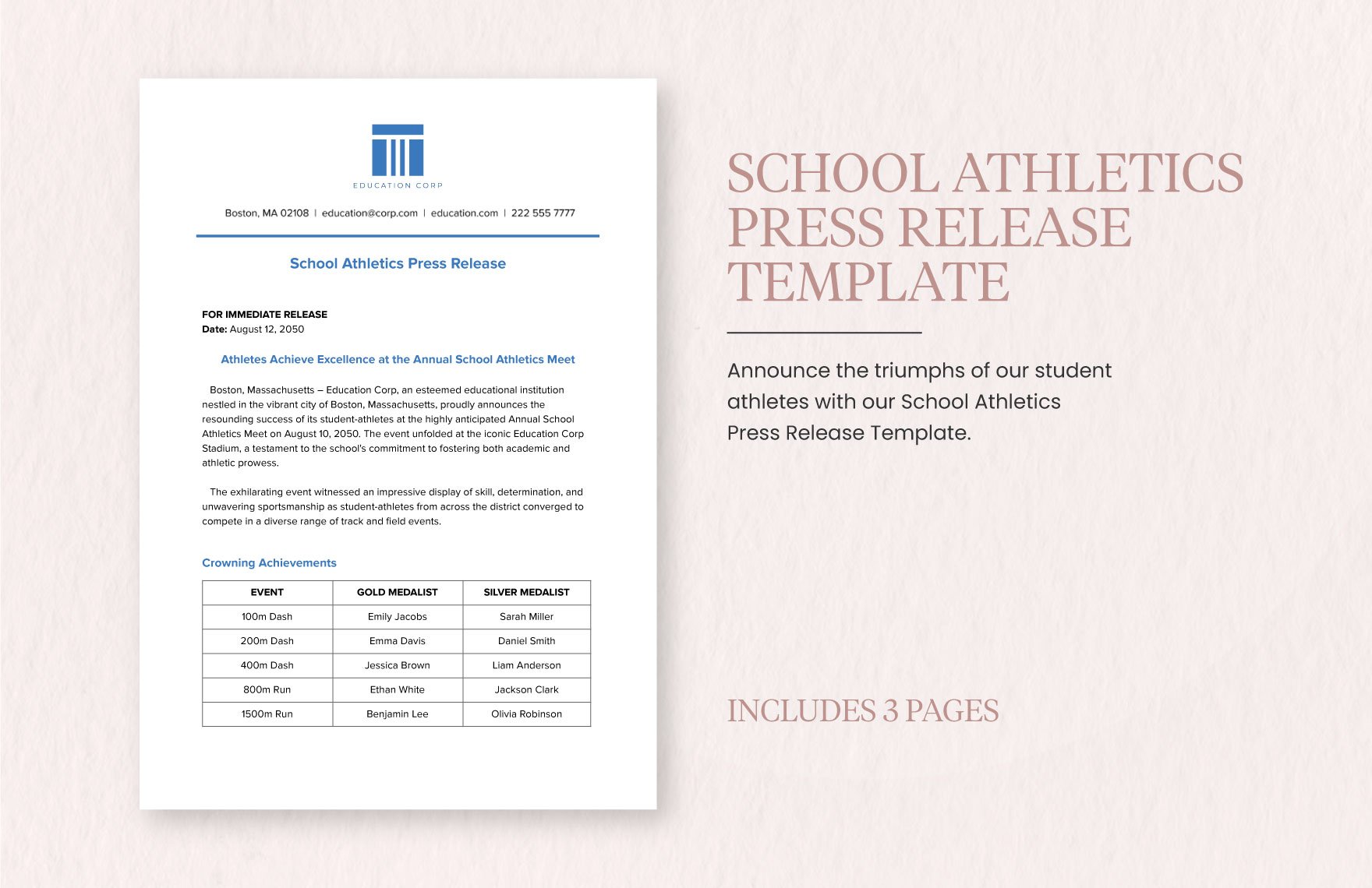 School Athletics Press Release Template