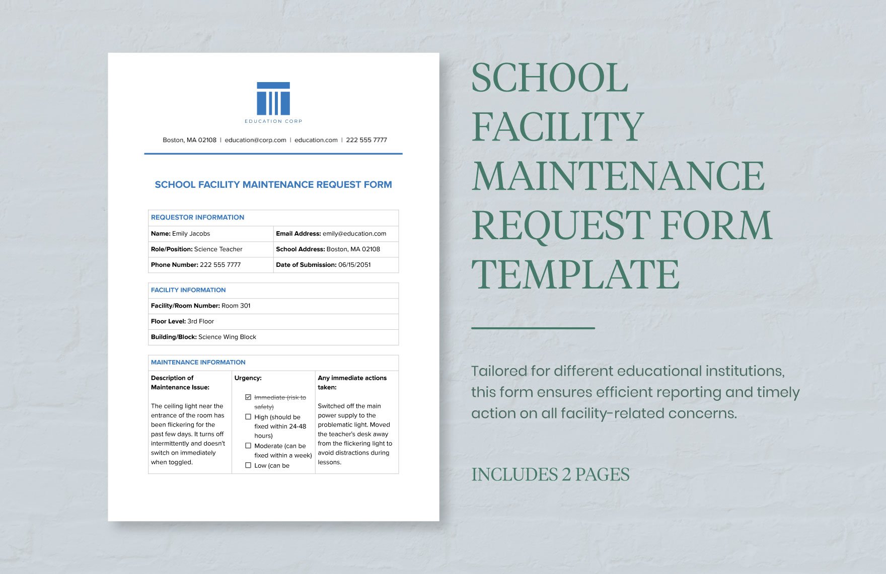 School Facility Maintenance Request Form Template in Word, Google Docs, PDF