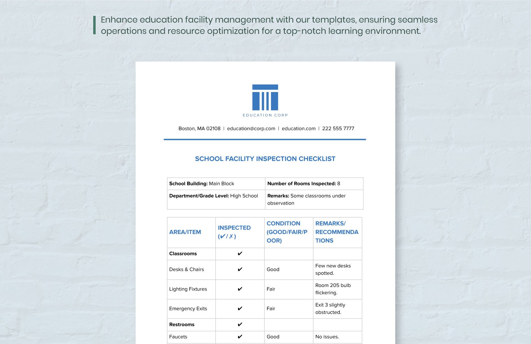 School Facility Inspection Checklist Template