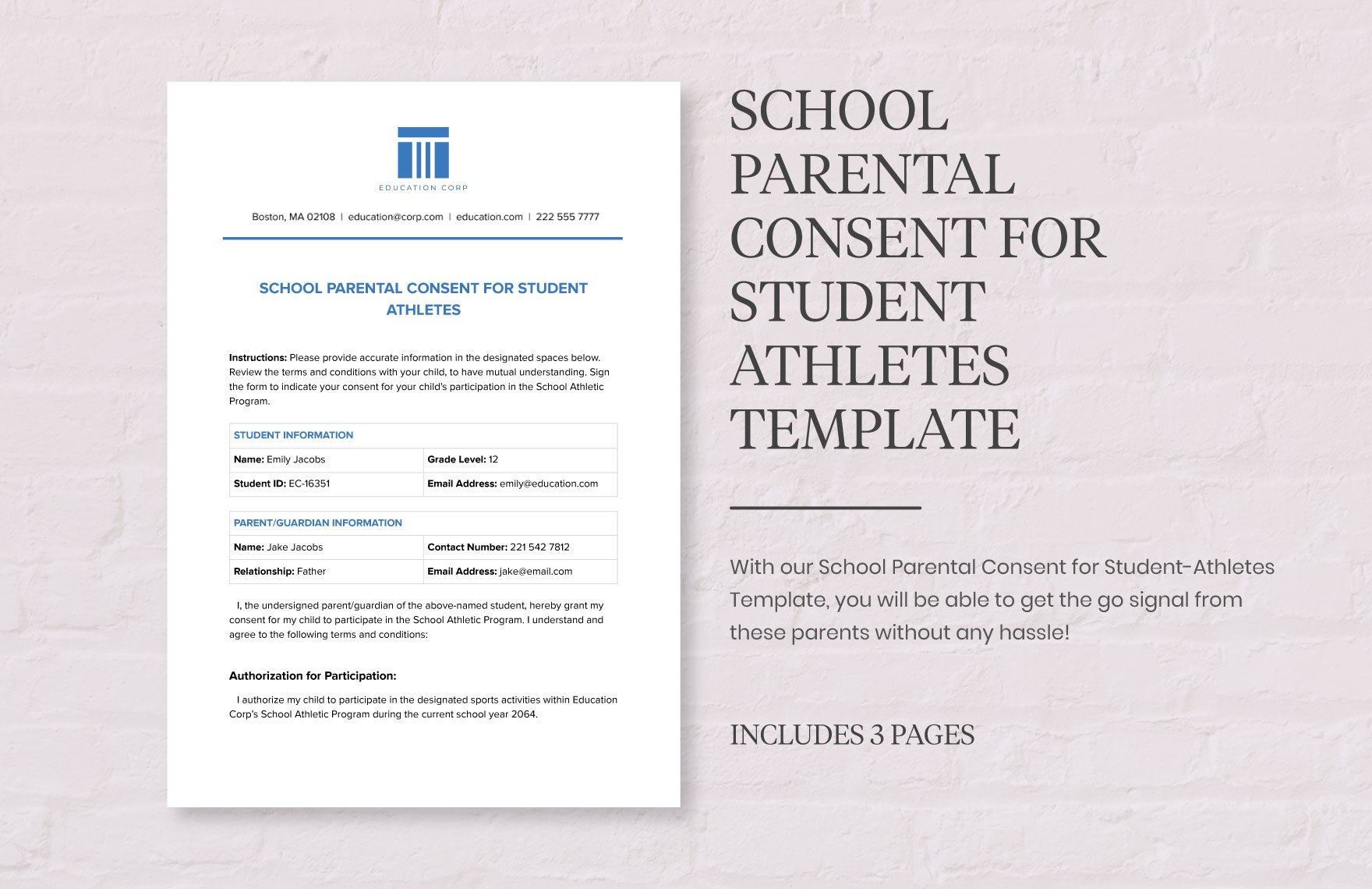  School Parental Consent for Student Athletes Template