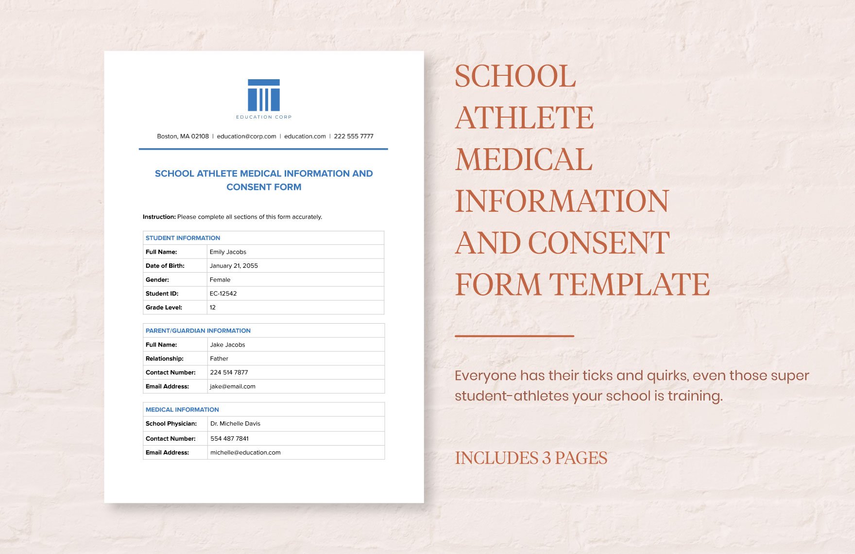 School Athlete Medical Information and Consent Form Template