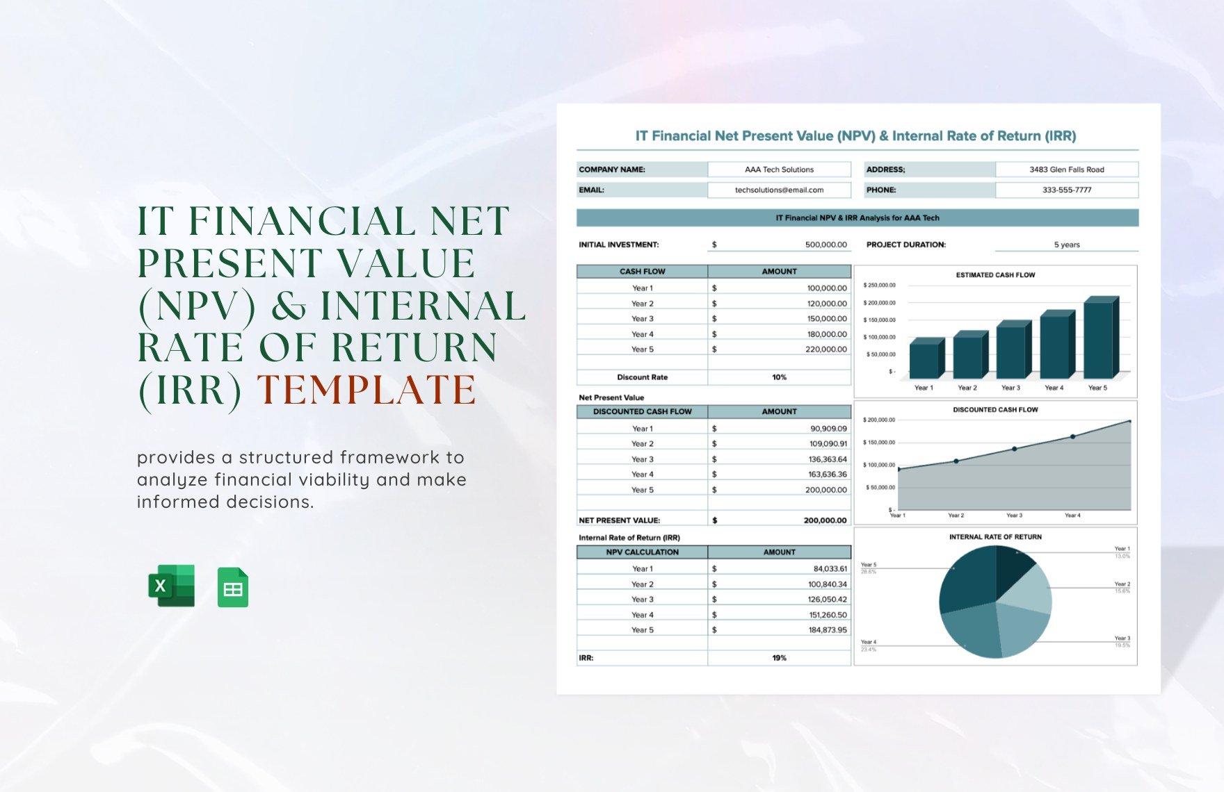 IT Financial Net Present Value (NPV) & Internal Rate of Return (IRR) Template in Excel, Google Sheets