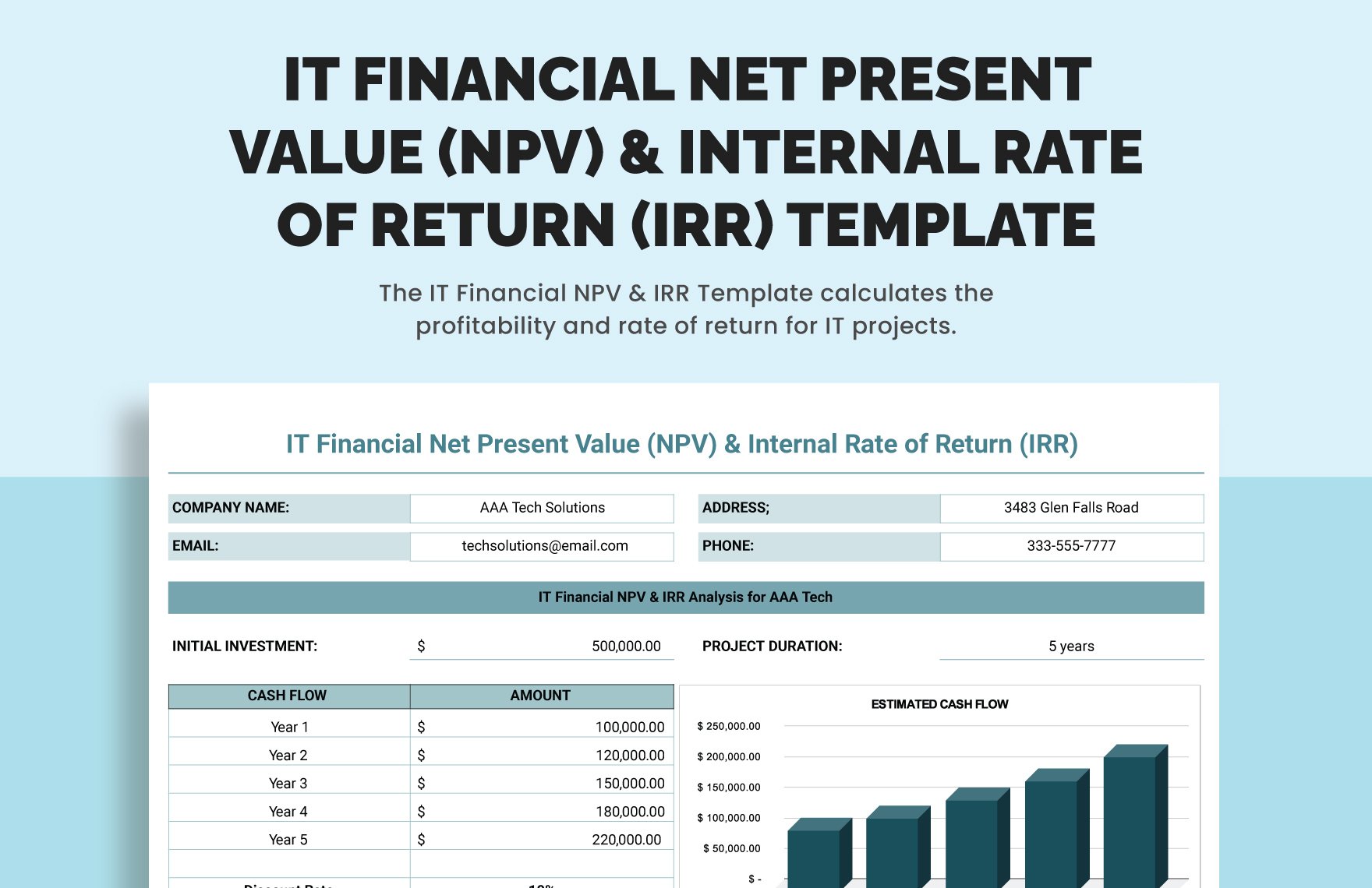 IT Financial Net Present Value (NPV) & Internal Rate of Return (IRR) Template in Excel, Google Sheets
