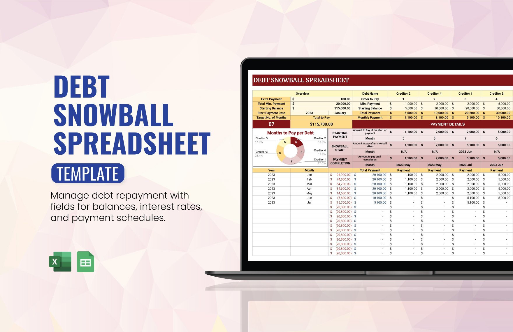Debt Snowball Spreadsheet Template in Excel, Google Sheets