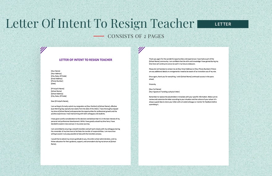 Letter Of Intent To Resign Teacher in Word, Google Docs, Apple Pages
