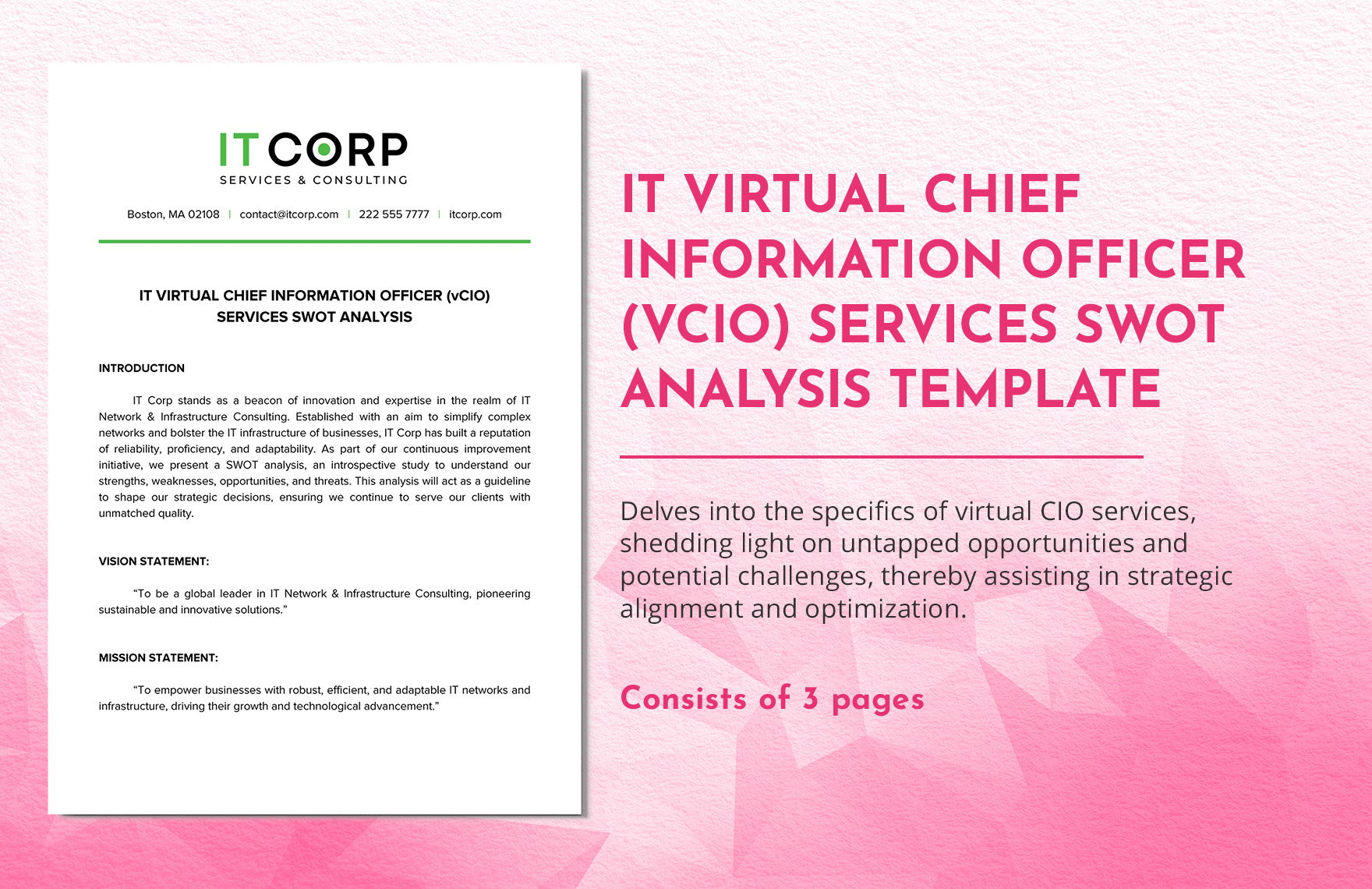 IT Virtual Chief Information Officer (vCIO) Services SWOT Analysis Template in Word, Google Docs, PDF
