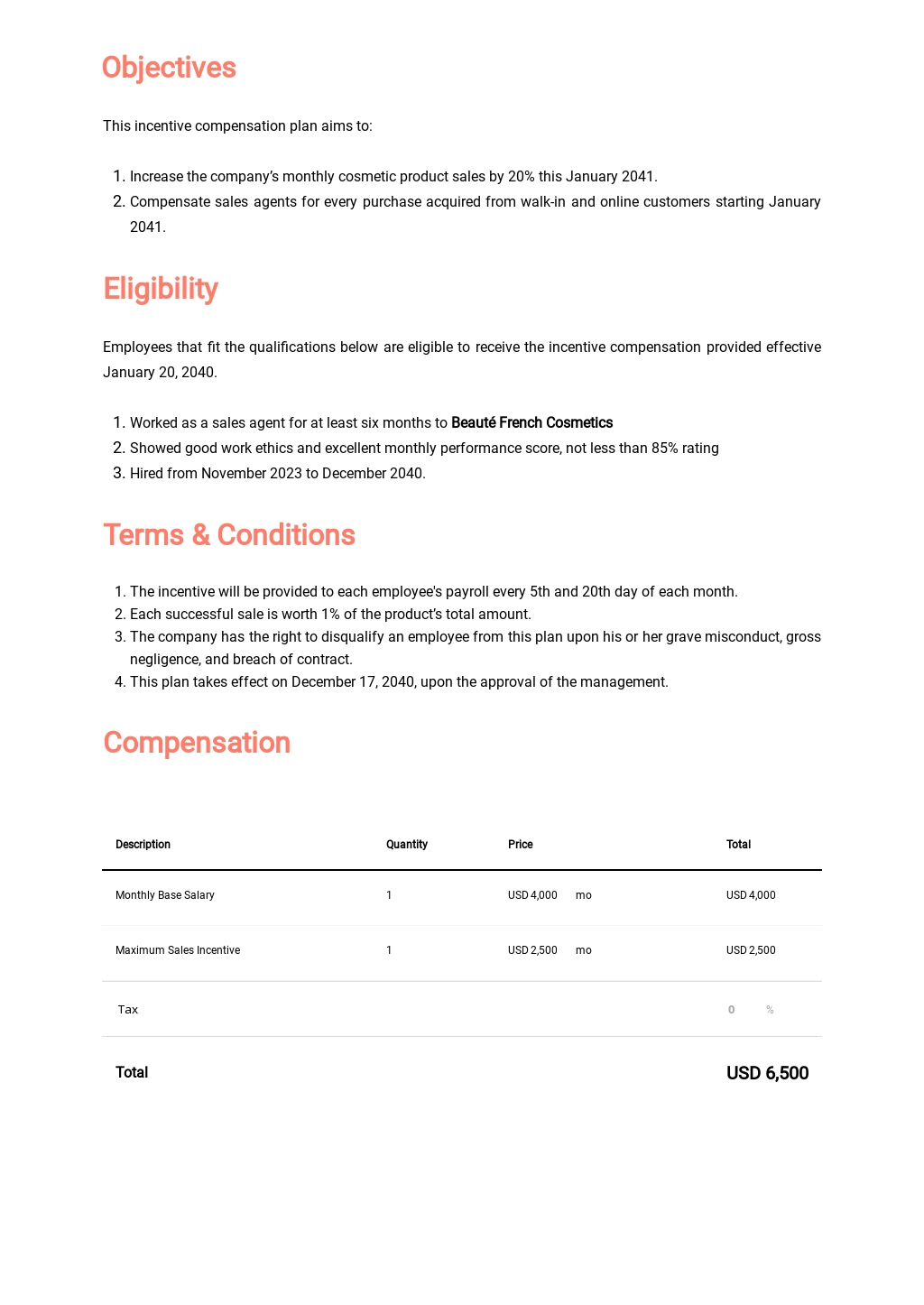 Incentive Plan Template Sample Compensation Plans