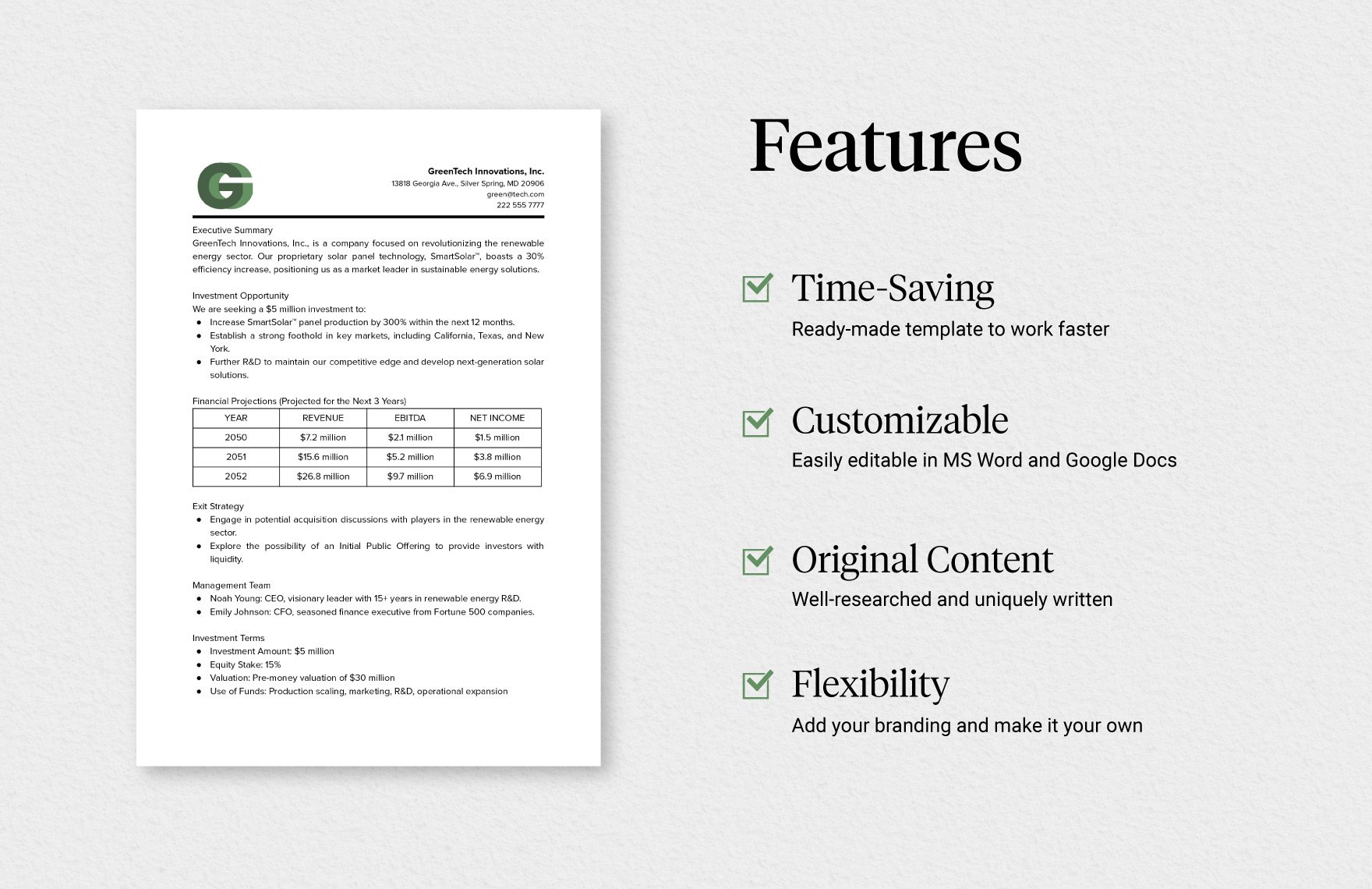 Sample One Page Investment Proposal Template
