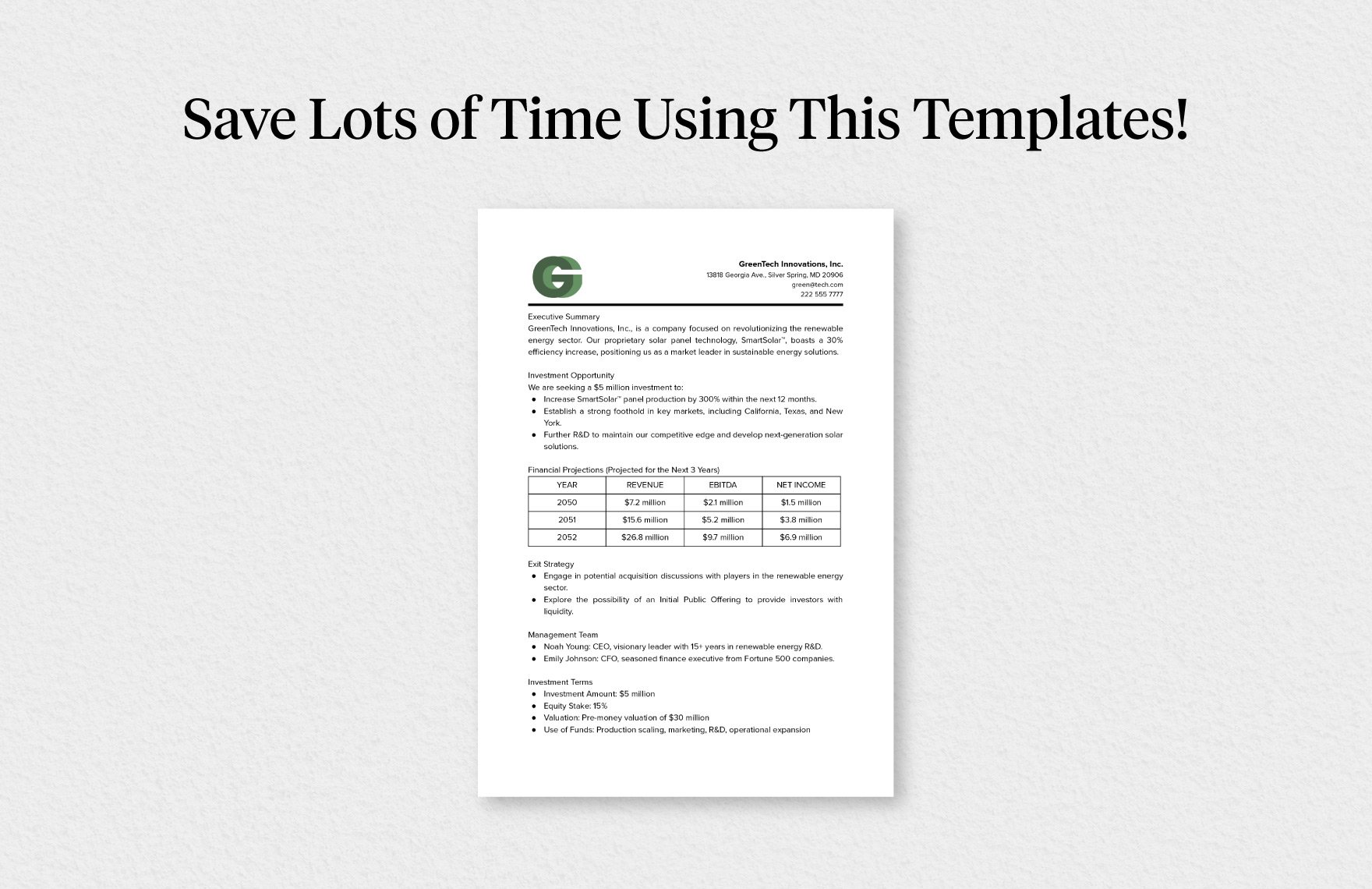 Sample One Page Investment Proposal Template