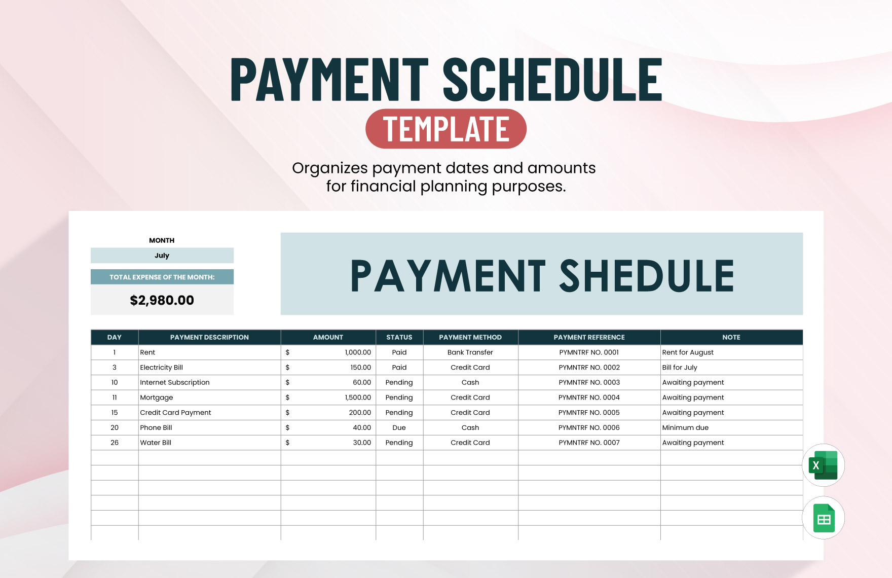 Payment Schedule Template in Excel, Google Sheets