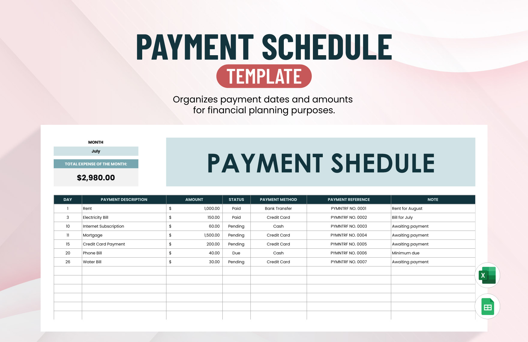 Payment Schedule Template in Excel, Google Sheets - Download | Template.net