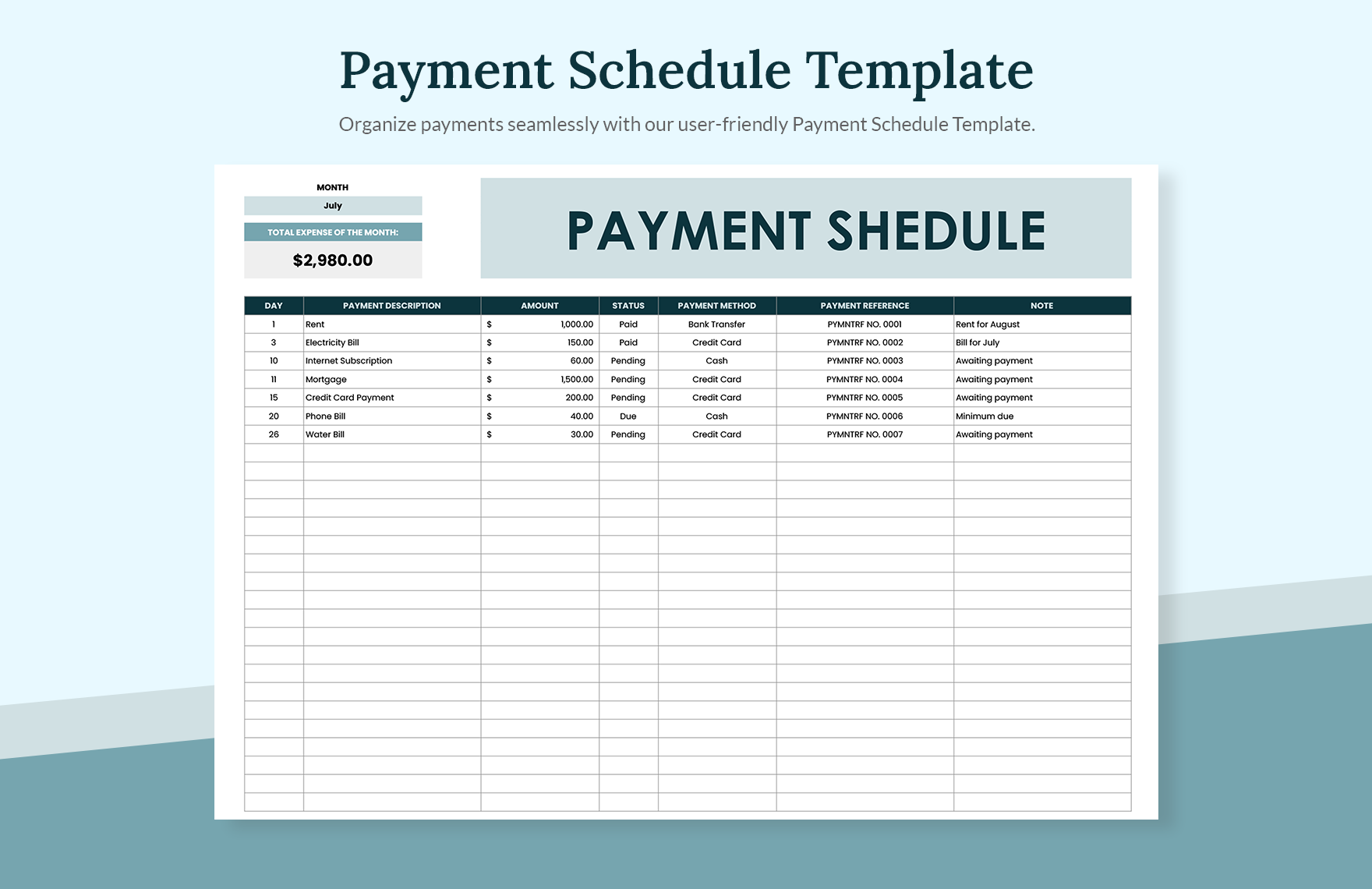 Payment Schedule Template in Excel, Google Sheets