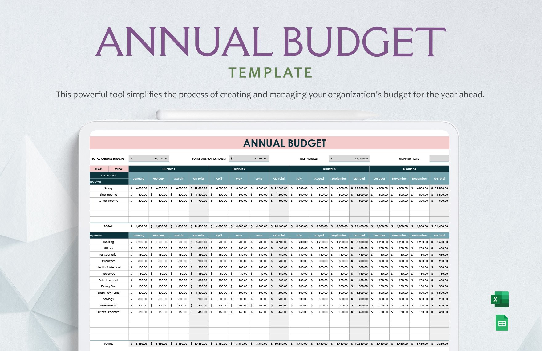 Free Annual Budget Template in Excel, Google Sheets