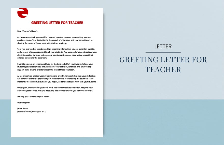 Greeting letter for teacher in Word, Google Docs, Apple Pages