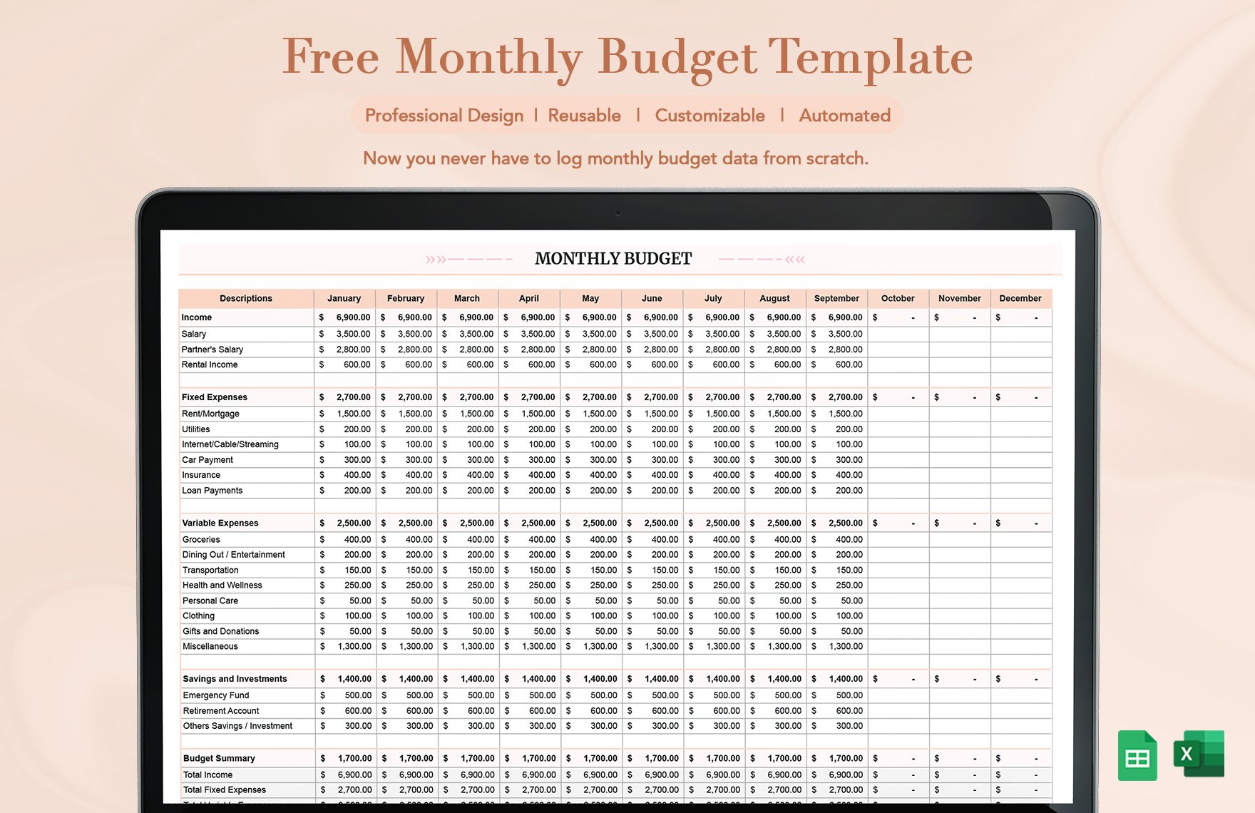 Free Monthly Budget Template in Excel, Google Sheets