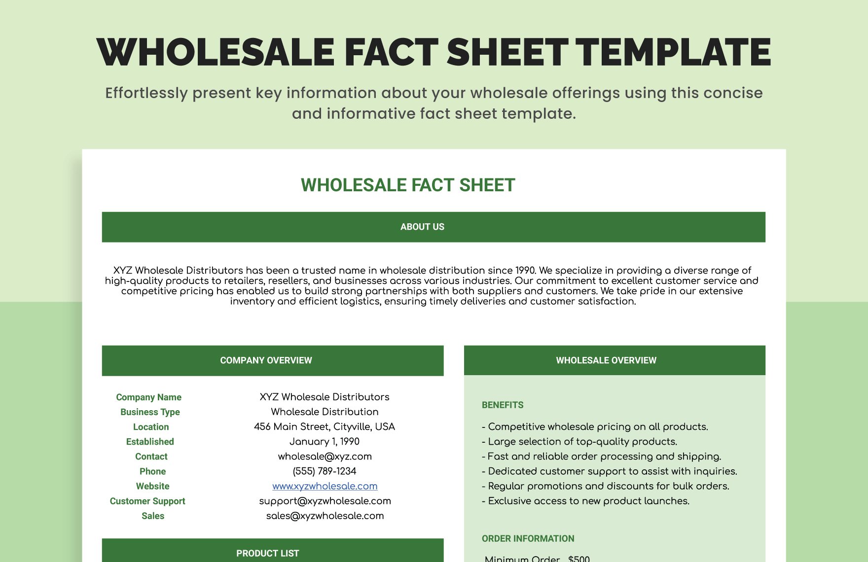 Wholesale Fact Sheet template