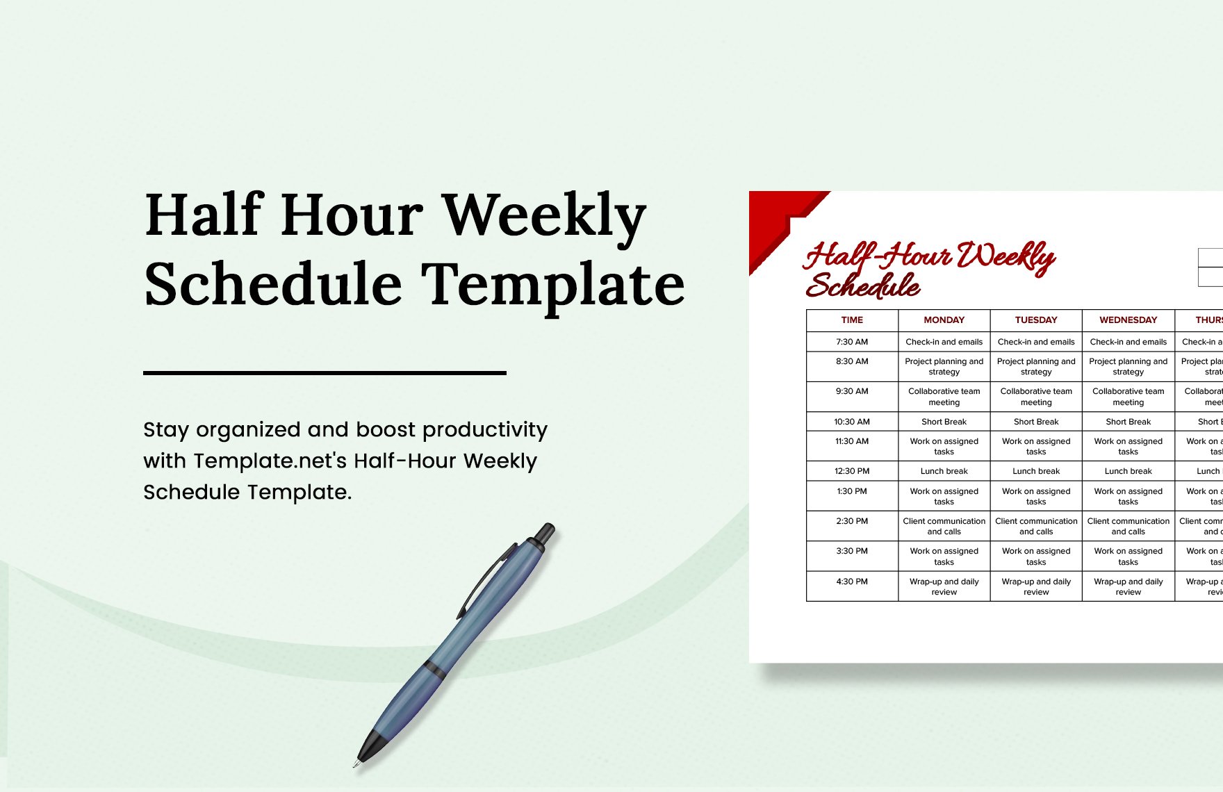 Half Hour Weekly Schedule Template