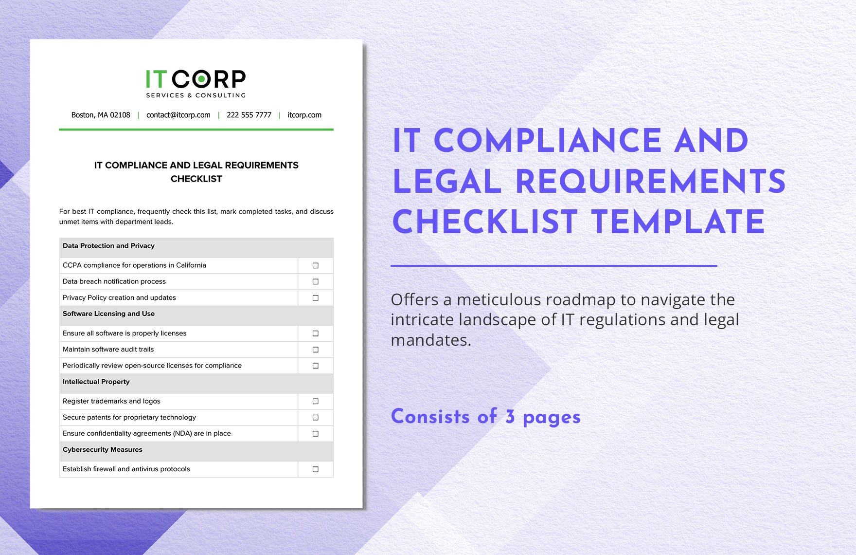 IT Compliance and Legal Requirements Checklist Template in Word, Google Docs, PDF