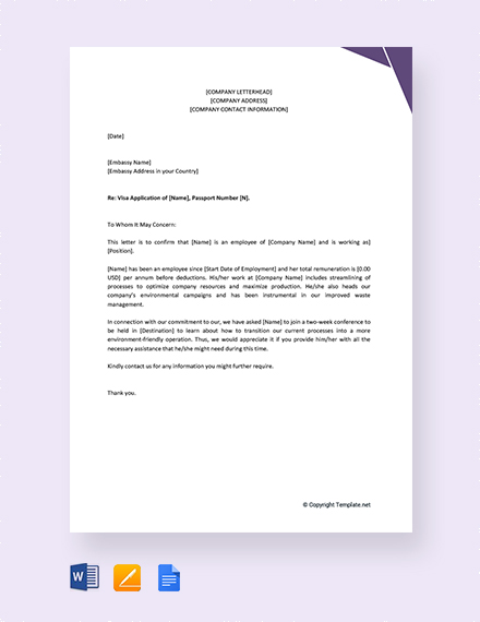 FREE Employee Reference Letter for Visa Template - Word | Google Docs | Apple Pages | Outlook ...