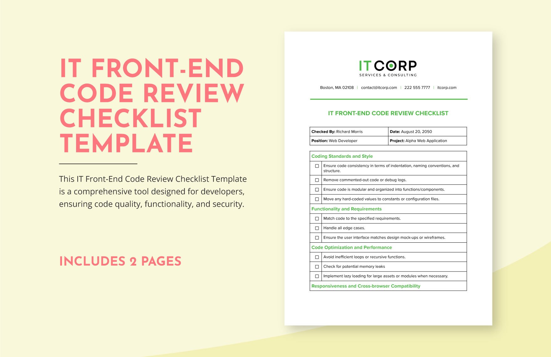 IT Front-End Code Review Checklist Template in Word, Google Docs, PDF