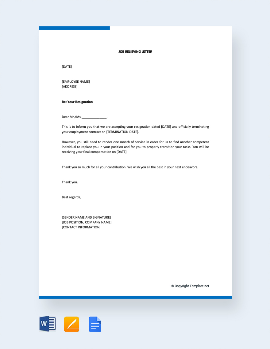 Job Relieving Letter Template - Google Docs, Word, Apple Pages ...