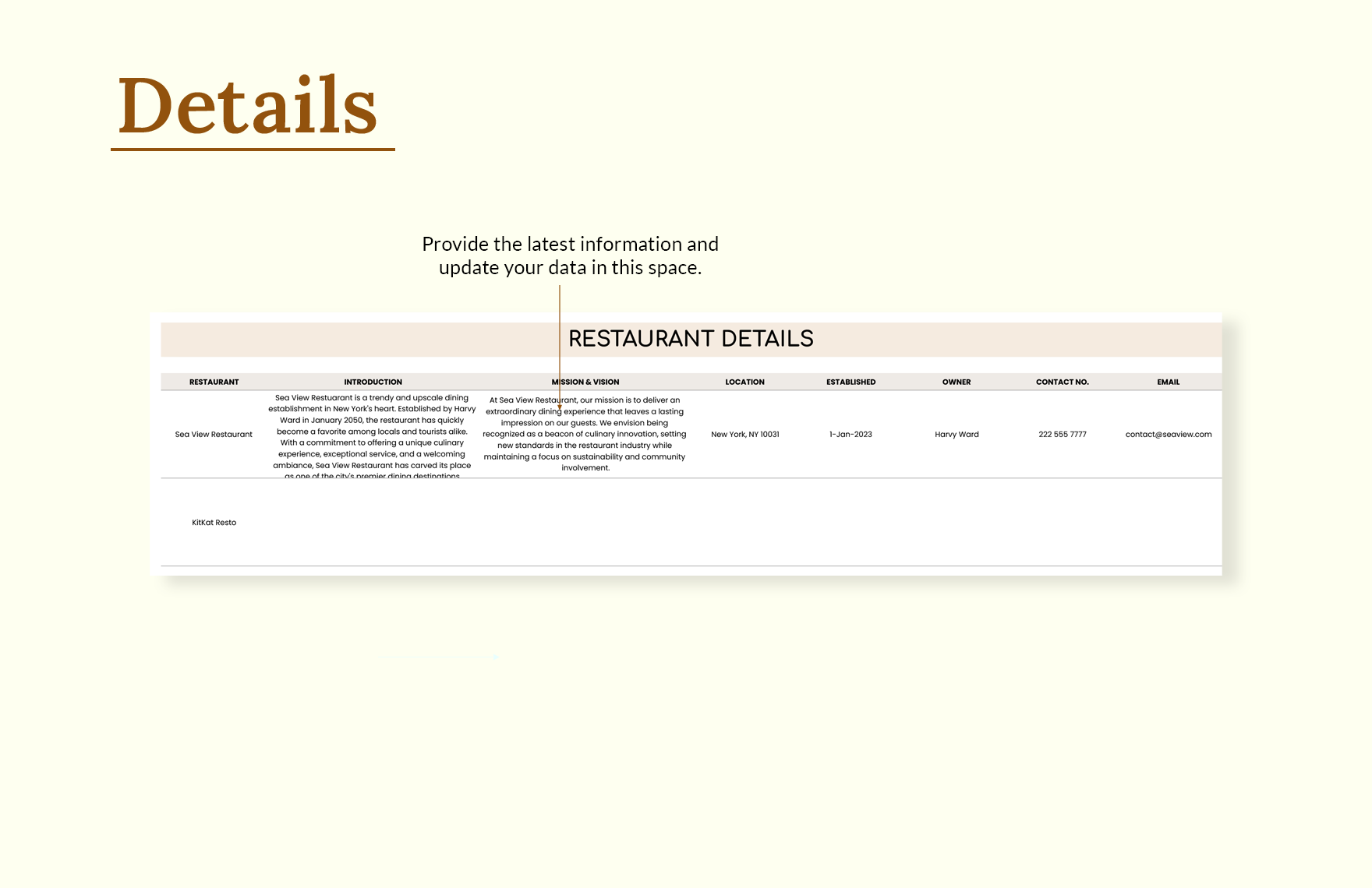 Restaurant Fact Sheet Template