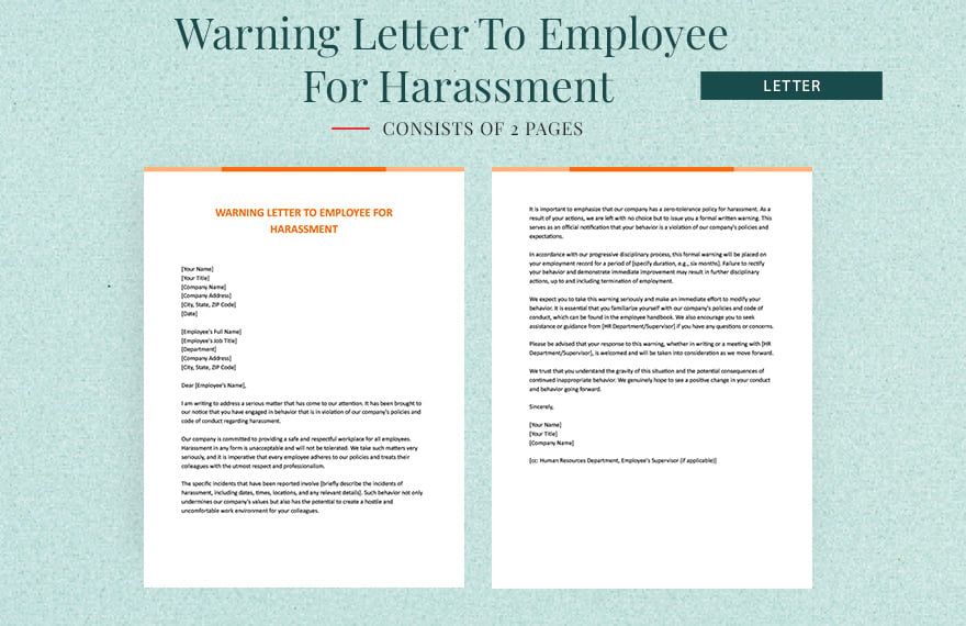 Warning Letter To Employee For Harassment in Word, Google Docs, Apple Pages