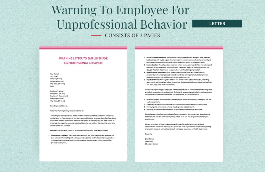 Warning Letter To Employee For Unprofessional Behavior in Word, Google Docs, Apple Pages
