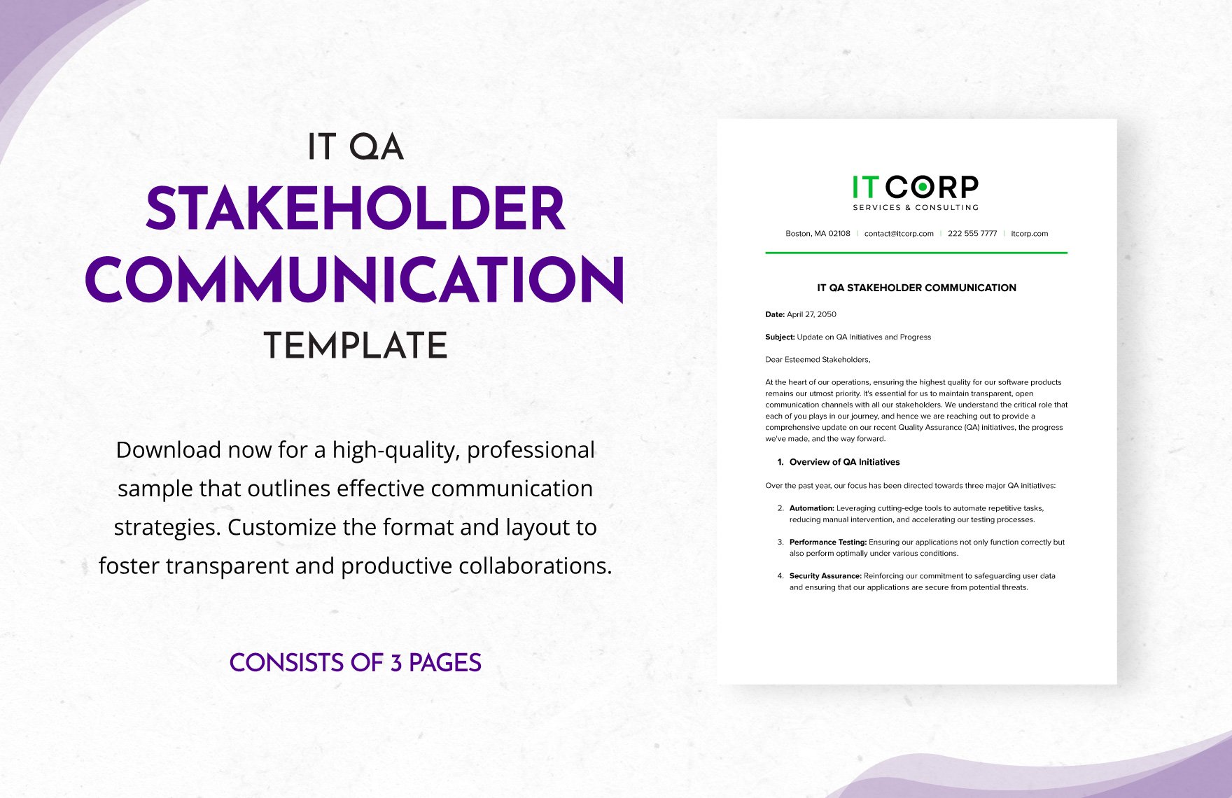 IT QA Stakeholder Communication Template in Word, Google Docs, PDF