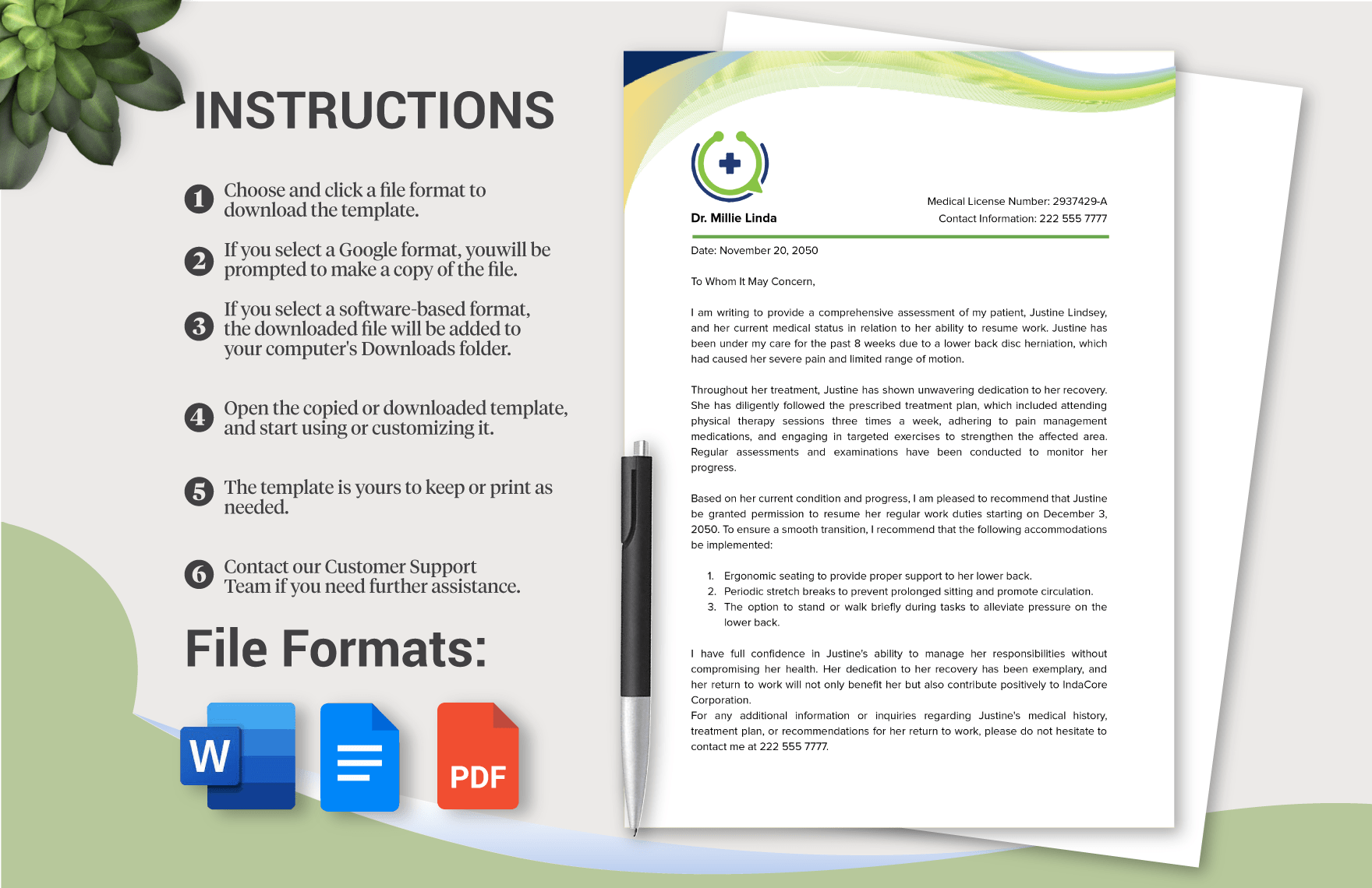 Editable Doctor Note Ability to Work Template