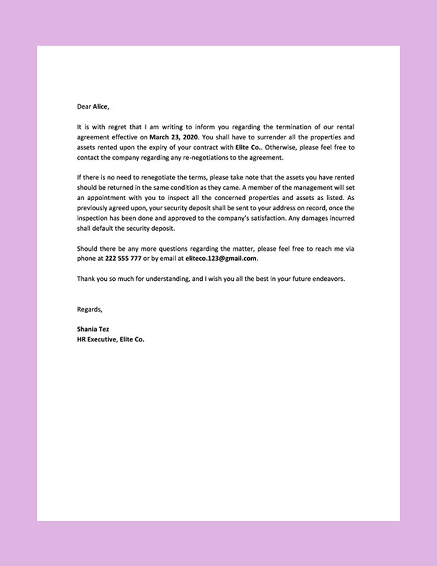 Rental Agreement Termination Letter Template