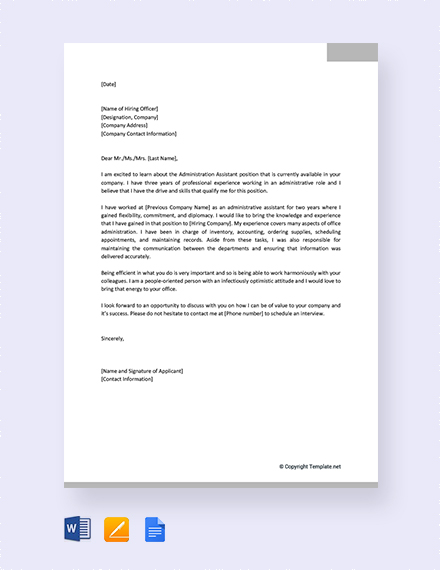 administrative application letter sample