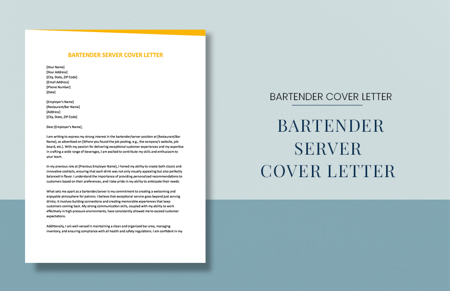 Bartender Server Cover Letter in Word, Google Docs