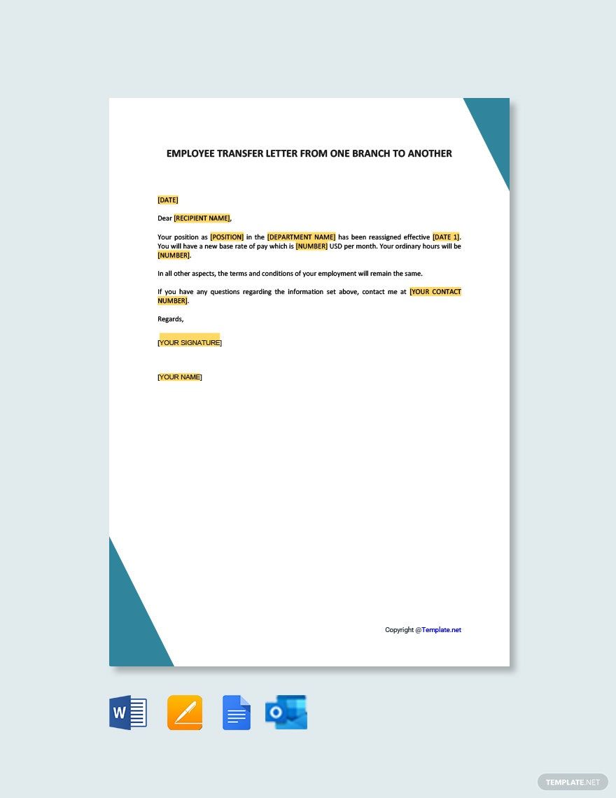 Employee Transfer Letter One Branch Another in Google Docs, Word, Pages, Outlook, PDF - Download | Template.net