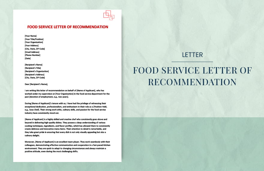 Food service letter of recommendation