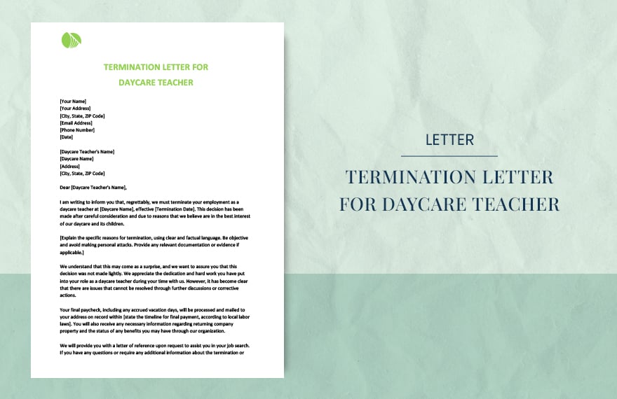 Termination letter for daycare teacher
