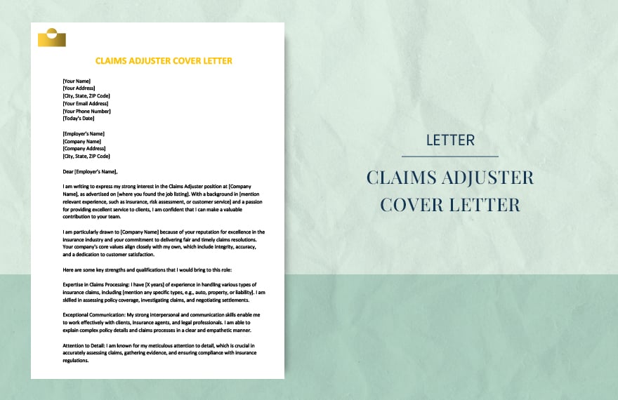 Claims adjuster cover letter in Word, Google Docs, Apple Pages